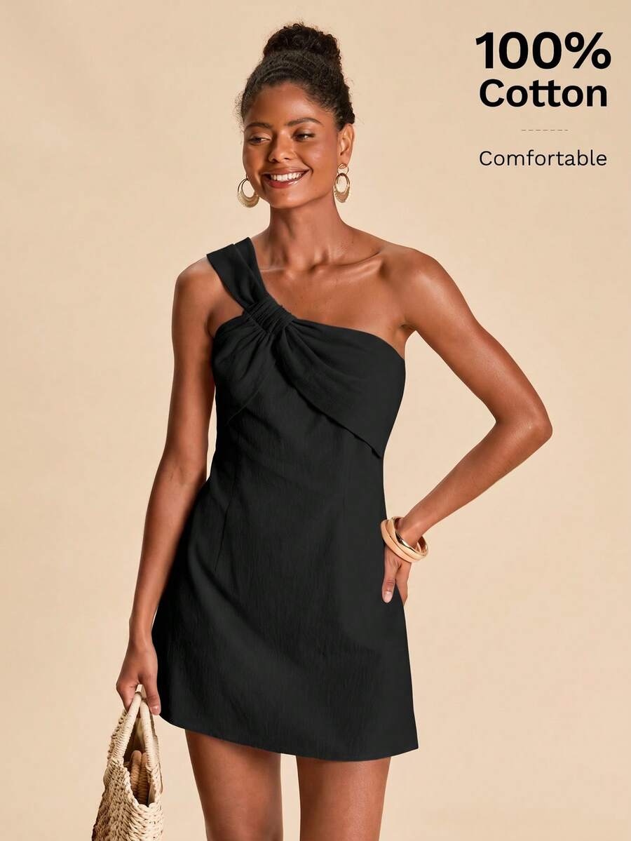 Travachic Vacation Casual Sexy Elegant One-Shoulder Solid Color Mini Dress Brunch Dinner Black Summer Cocktail Night Out