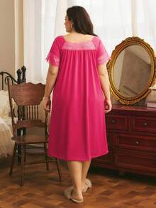Côtesoire Comfortable Knitted Ribbed Casual Home Lace Patchwork Minimalist Long Loose Plus Size Nightgown - Hot Pink - View 2