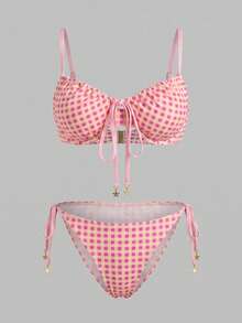 Sweetra Plus Size Women 2-Piece Random Print Spaghetti Strap Sexy Beach Vacation Vacation Bikini Swimsuit Pink Summer - Multicolor - View 1