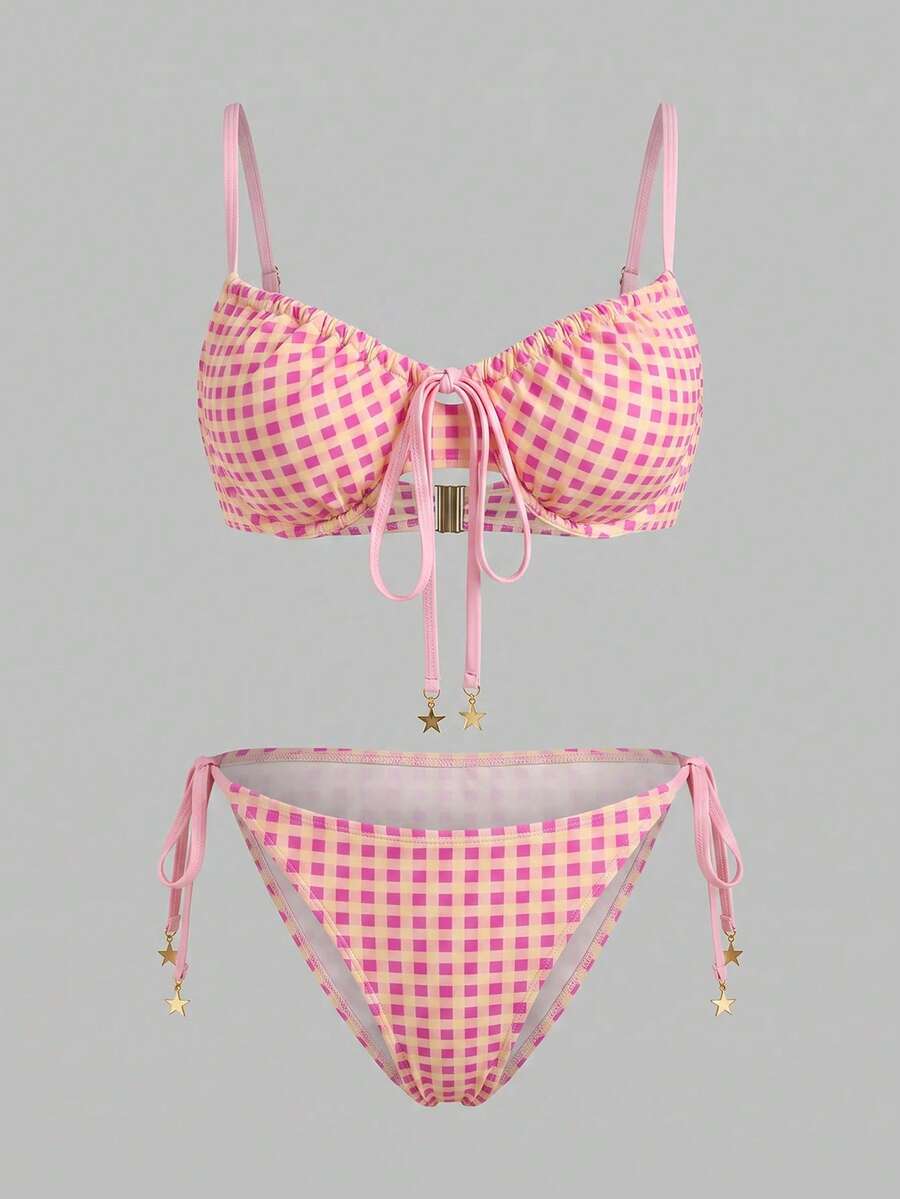 Sweetra Plus Size Women 2-Piece Random Print Spaghetti Strap Sexy Beach Vacation Vacation Bikini Swimsuit Pink Summer - Multicolor - View 1