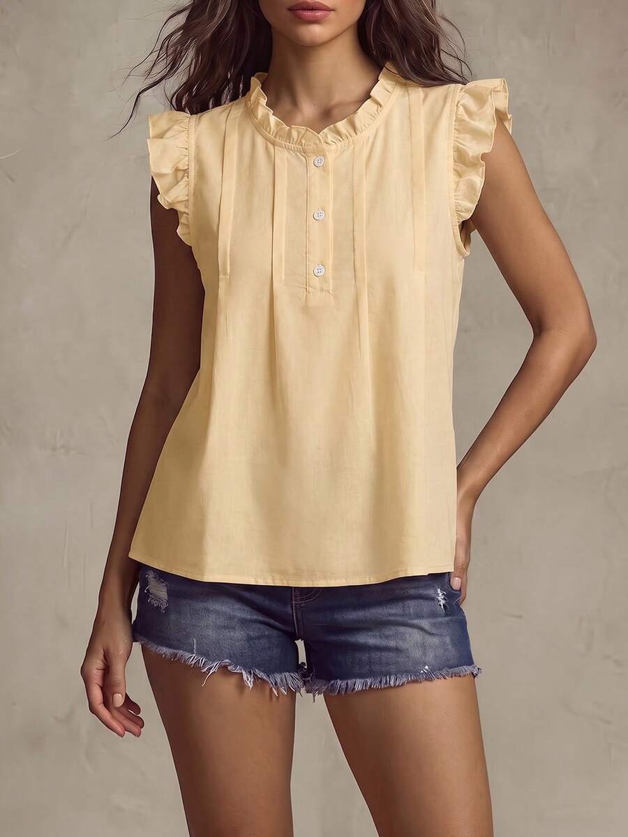 Franclia 女士纯色荷叶边圆领纽扣半开襟短袖时尚衬衫 - 咖啡棕 - 查看 1