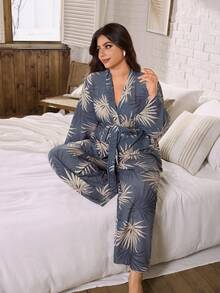 Serenescape Women's Long Sleeve Thin Plant Leaf Print Plus Size Pajama Set, Spring/Autumn - Multicolor - View 3