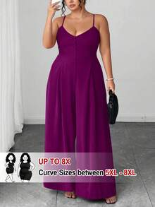 SHEIN CURVE+ 大码女士优雅褶裥腰部阔腿连体裤，春夏款 - 紫色 - 查看 1