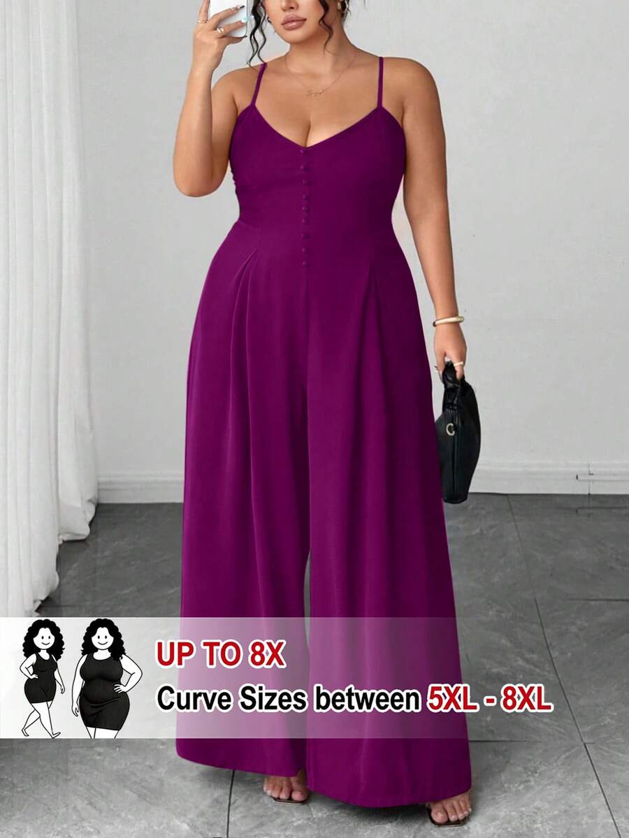 SHEIN CURVE+ 大码女士优雅褶裥腰部阔腿连体裤,春夏款 - 紫色 - 查看 1