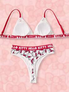 HELLO KITTY AND FRIENDS | SHEIN 女士可爱卡通猫咪印花字母文胸和内裤套装 - 紅白色 - 查看 2