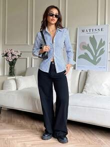 SHEIN EZwear 女款休閒海濱風時尚休閒收腰繫帶長袖條紋襯衫，秋冬服飾，通勤街頭風，辦公工作，派對 - 彩色 - 查看 7