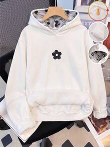 SHEIN 青少年女孩簡約清新風白色連帽衛衣，柔軟蓬鬆面料，正面黑色花卉熱轉印圖案，精緻吸睛連帽內裡黑白直條紋花卉印花，羅紋袖口與下擺，寬鬆落肩版型，加厚單件，適合日常通勤、校園、出遊，秋冬穿著 - 白色 - 查看 7