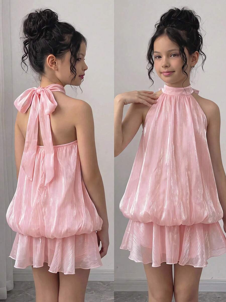 Firerie Kids Firerie Kids 少女優雅可愛甜美淺粉色雪紡露背迷你洋裝,適合夏季畢業典禮與晚禮服 - 粉色 - 查看 1