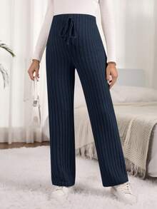 SHEIN Pantalones de pierna recta de unicolor versátiles y casuales para maternidad - Azul Marino - Ver 4
