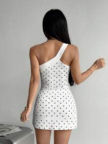 Dewbera Dewbera Women's Polka Dot One Shoulder Casual Daily Outing Sports Dress - White - View 3