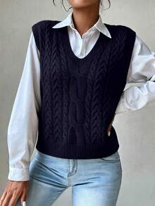 SHEIN PariChic Casual Versatile Solid Color Knitted Vest - Royal Blue - View 3
