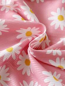 SHEIN Baby Girls Pink Daisy Print Long Sleeve Romper 3 Pieces Set, Round Neck Ruffle Design, Knitted Ribbed Elastic Fabric, Spring/Autumn Sweet Baby Outfit - Pink - View 8