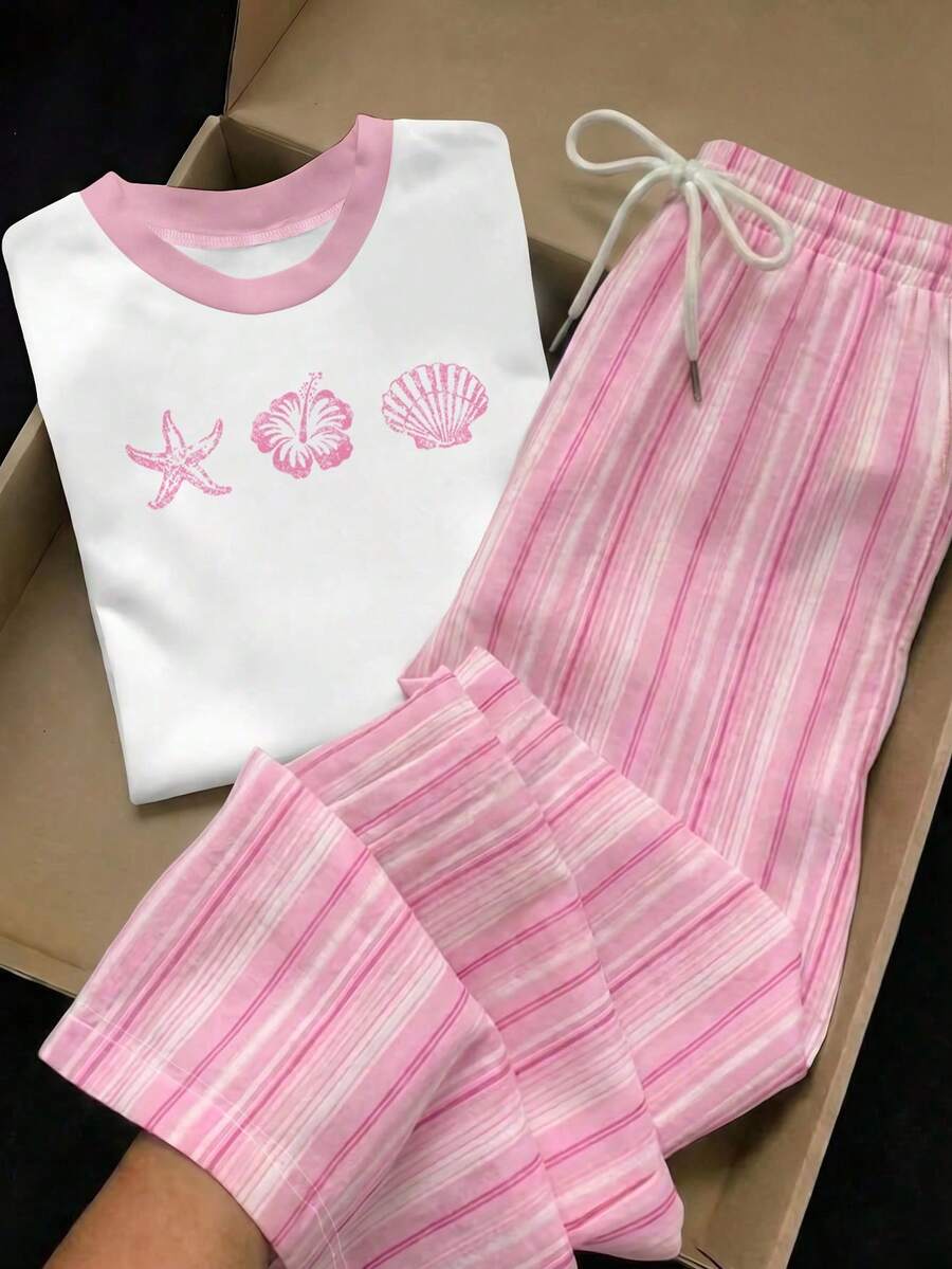 Comfortcana Setelan Kasual Liburan 2 Potong: Kaos Leher Bulat Warna Pink Motif Kerang dan Celana Panjang Garis Vertikal Asimetris, Pakaian Rumahan Cocok untuk Musim Semi dan Musim Panas - MultiWarna - View 1