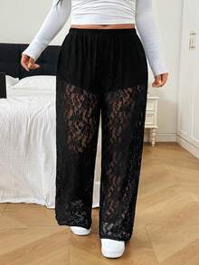SHEIN EZwear 大尺碼女款彈性腰蕾絲寬腿鬆身長褲萬聖節 - 黑色 - 查看 4
