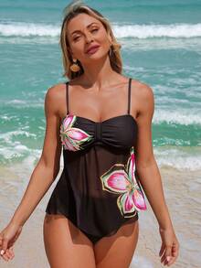 Swim Lushoire Women's Summer Vacation Detachable Shoulder Strap Floral Print Tankini Set - Black - View 1