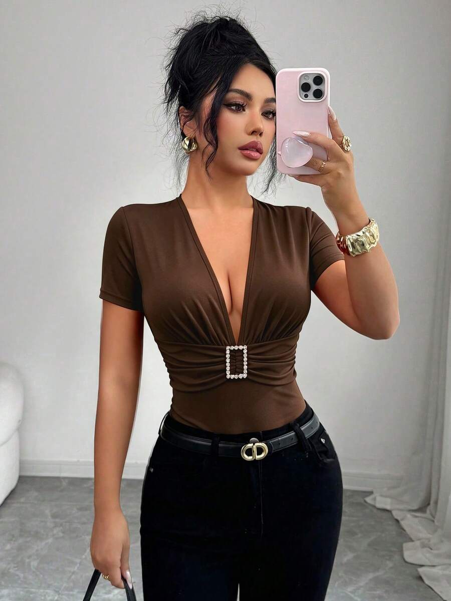 Elenzga Summer New Red V-Neck T-Shirt Women's Slim Fit Rhinestone Button Elegant Commute Sexy Lady T-Shirt - Brown - View 1