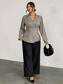 Firerie Plus Size Women's Solid Color Pleated Casual Smart Commute Teachers' Day Blazer Jacket Elegant Office Formal Business Suit Fall Going Out Grey - Khaki - View 3
