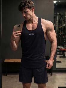GymBeat 男友風男士字母圖案露背運動背心，健身背心組，健身房上衣，透氣輕量黑色 - 黑色 - 查看 5