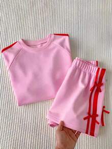 SHEIN Elladie kids 女童大童運動風粉色與深綠色拼接短袖T恤短褲套裝，夏季寬鬆修身設計，輕量面料，適合日常穿著、休閒運動或搭配穿搭 - 粉色 - 查看 4