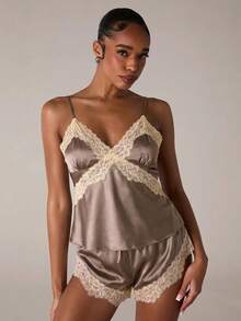 SHEIN BAE Women's Contrast Color Lace Patchwork Camisole & Shorts Pajama Set - Brown - View 4
