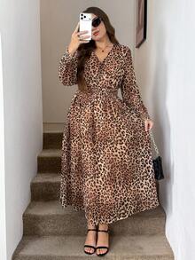 Easowa Curve Plus Size Women's Leopard Print V-Neck Pleated Casual Daily Wear Dress Fall - Multicolor - View 4