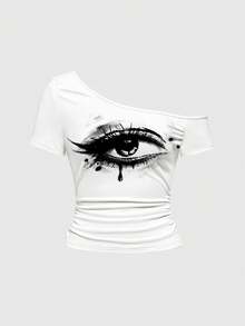 ROMWE Y2K Dark Punk Sexy Women's Asymmetrical Shoulder Eye Graphic T-Shirt - White - View 1