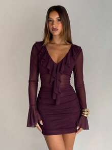 Aloruh Women's Elegant Multi-Layer Ruffle Sheer Mesh Fitted Waist Mini Dress - Burgundy - View 4