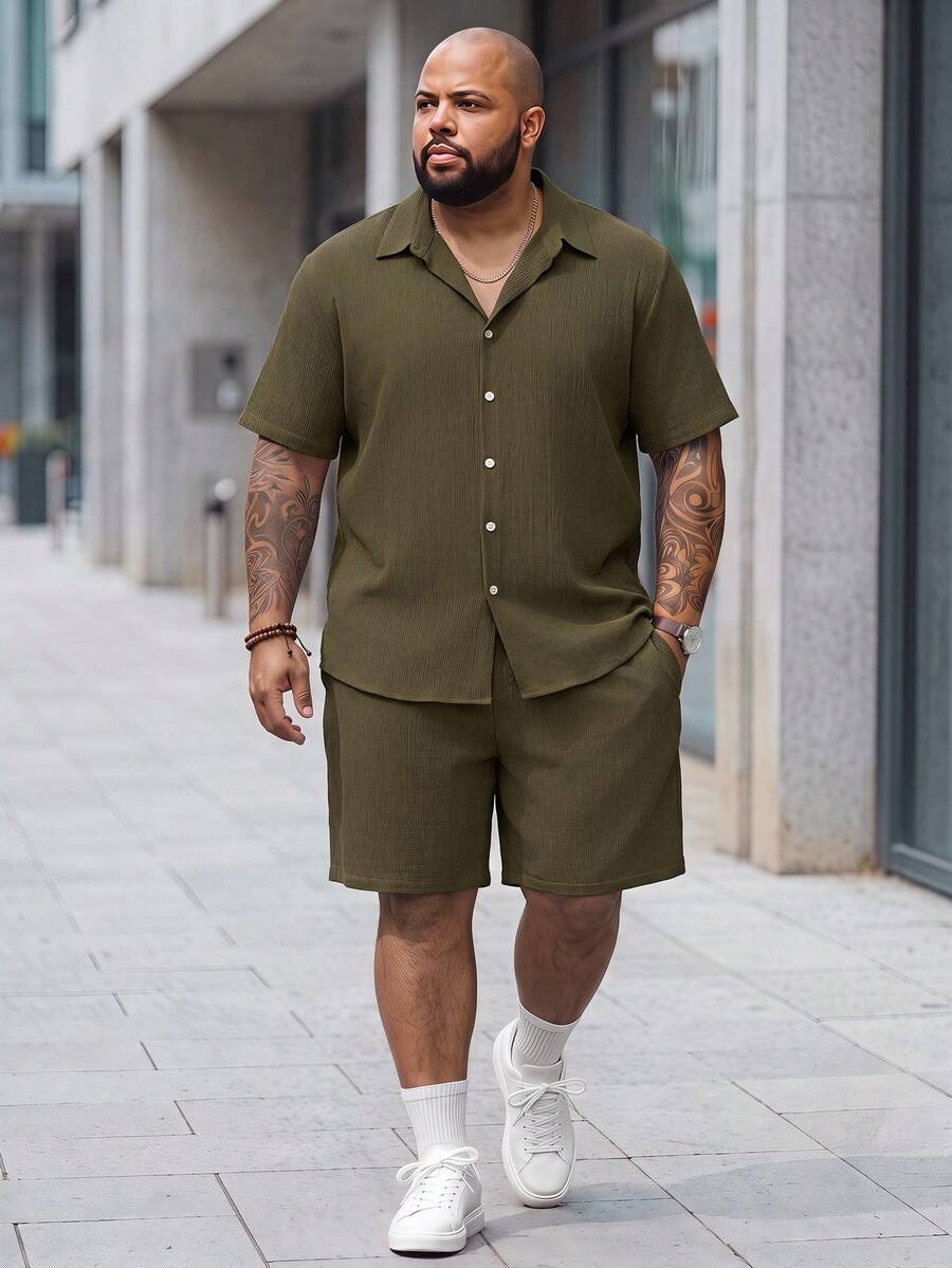 Sorvial Plus Size Men's Solid Color Short Sleeve Shirt And Shorts Casual Set, Holiday - Army Green - View 1