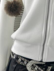 Franclia Solid Color Faux Fur Patchwork Hooded Zip-Up Long Sleeve Jacket - White - View 3