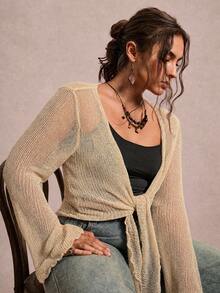 Freevana Plus Size Women's Lace-Up Ruffle Cuff Knit Cardigan Fall - Apricot - View 3
