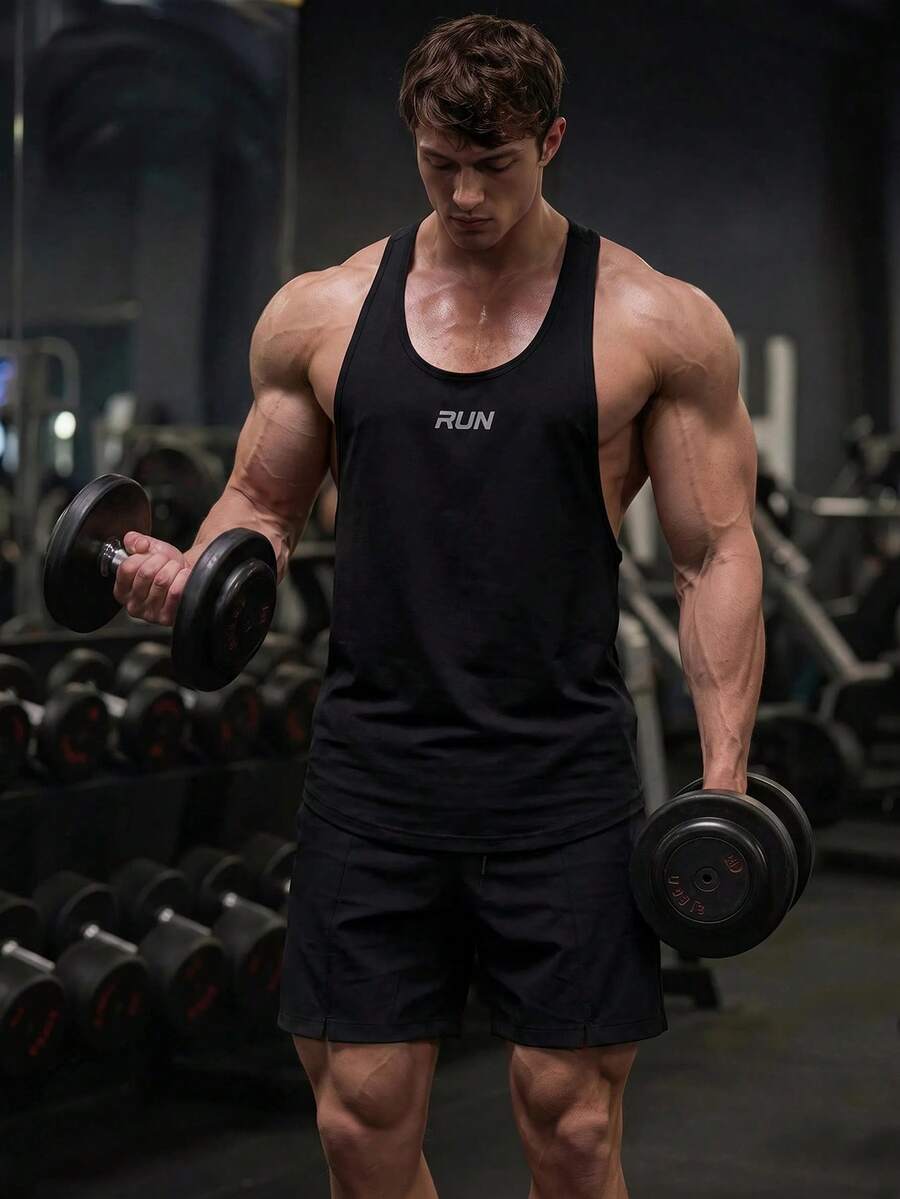 GymBeat 男友風男士字母圖案露背運動背心,健身背心組,健身房上衣,透氣輕量黑色 - 黑色 - 查看 1