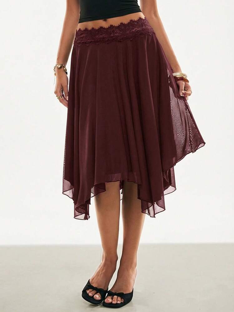 Poéselle Women's Elegant Solid Color Lace Patchwork Asymmetrical Hem Skirt - Burgundy - View 4