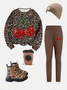 Conjunto de 2 Peças de Moletom de Manga Longa com Gola Redonda e Legging, Estampa de Leopardo Doce com Padrão de Cereja em Tom Marrom Vintage Americano, Casual para Meninas Jovens, Adequado para Outono/Inverno, Estilo Retrô de Rua, Fácil e Confortável, Camadas de Outono para Crianças, Y2K, Roupa Esportiva, Passeios, Fotografia de Rua, Campus, Forro de Fleece Relaxante - Multicolorido - Visão 2