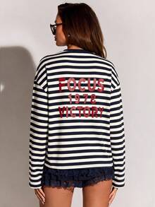 Athîral Women's Casual Grey Striped Back Red Letter Print Crew Neck Long Sleeve T-Shirt, Back To School Season - Grey - View 1