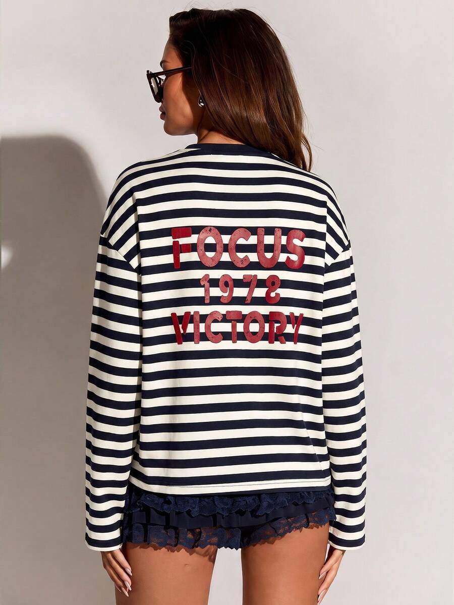 Athîral Women's Casual Grey Striped Back Red Letter Print Crew Neck Long Sleeve T-Shirt, Back To School Season - Grey - View 1