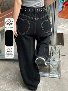 FRIFUL Celana Jeans Longgar Kasual Wanita dengan Motif Cuci - Hitam - View 1