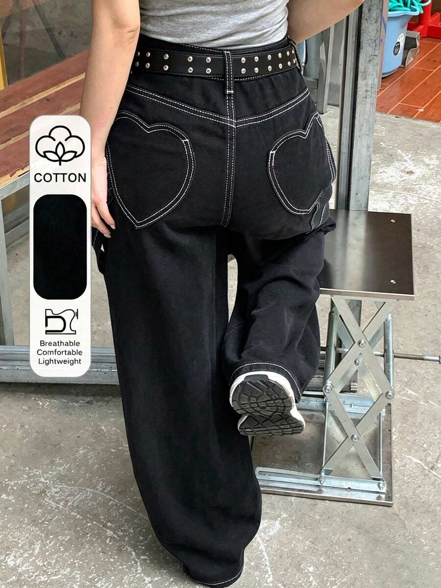 FRIFUL Celana Jeans Longgar Kasual Wanita dengan Motif Cuci - Hitam - View 1
