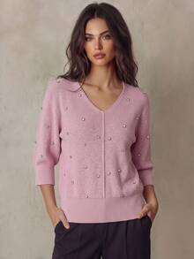 Franclia Women's Elegant Dusty Pink Rhinestone Embellished V-Neck Warm Sweater,Soft Knit Short Sleeve Top For Autumn Tea Party,Fitted Waist Design,Commute - Dusty Pink - View 2