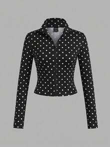SHEIN EZwear 2件裝波點黑白針織拉鍊長袖女款T恤，秋季上衣，適合日常通勤、約會、聚會，適用秋冬夏季、聖誕節、新年、時尚優雅休閒、外出、約會、通勤、亮眼、情人節、度假、Y2K、畢業典禮等場合 - 彩色 - 查看 4
