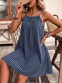 SHEIN Frenchy 女款短洋裝休閒熱帶極簡度假波希米亞優雅浪漫復古海軍藍白條紋印花正式襯衫 - 彩色 - 查看 3
