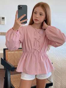 Hapijoa Tween Girls Round Neck Pullover Bow Decor Long Sleeve Autumn Waist-Cinching Blouse - Pink - View 2