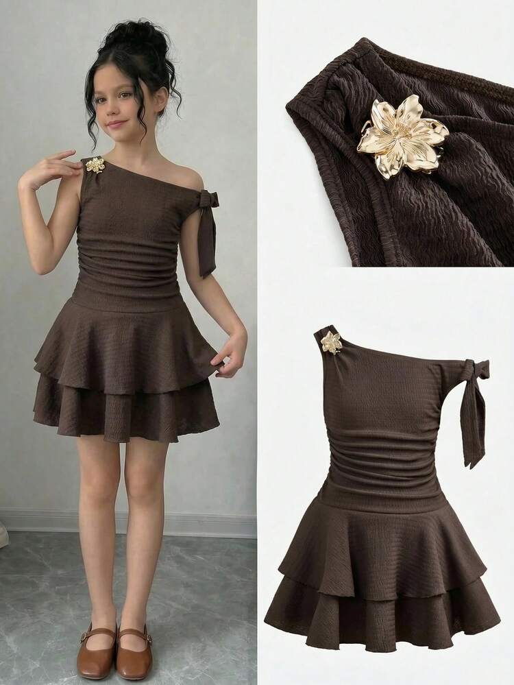 Firerie Kids Firerie Kids Tween Girl Coffee Brown Summer Cute Party Asymmetric-Shoulder Ruched Metallic Rose Decor Cake Dress,Elegant Princess Formal Wear Birthday Outfit - Coffee - View 1