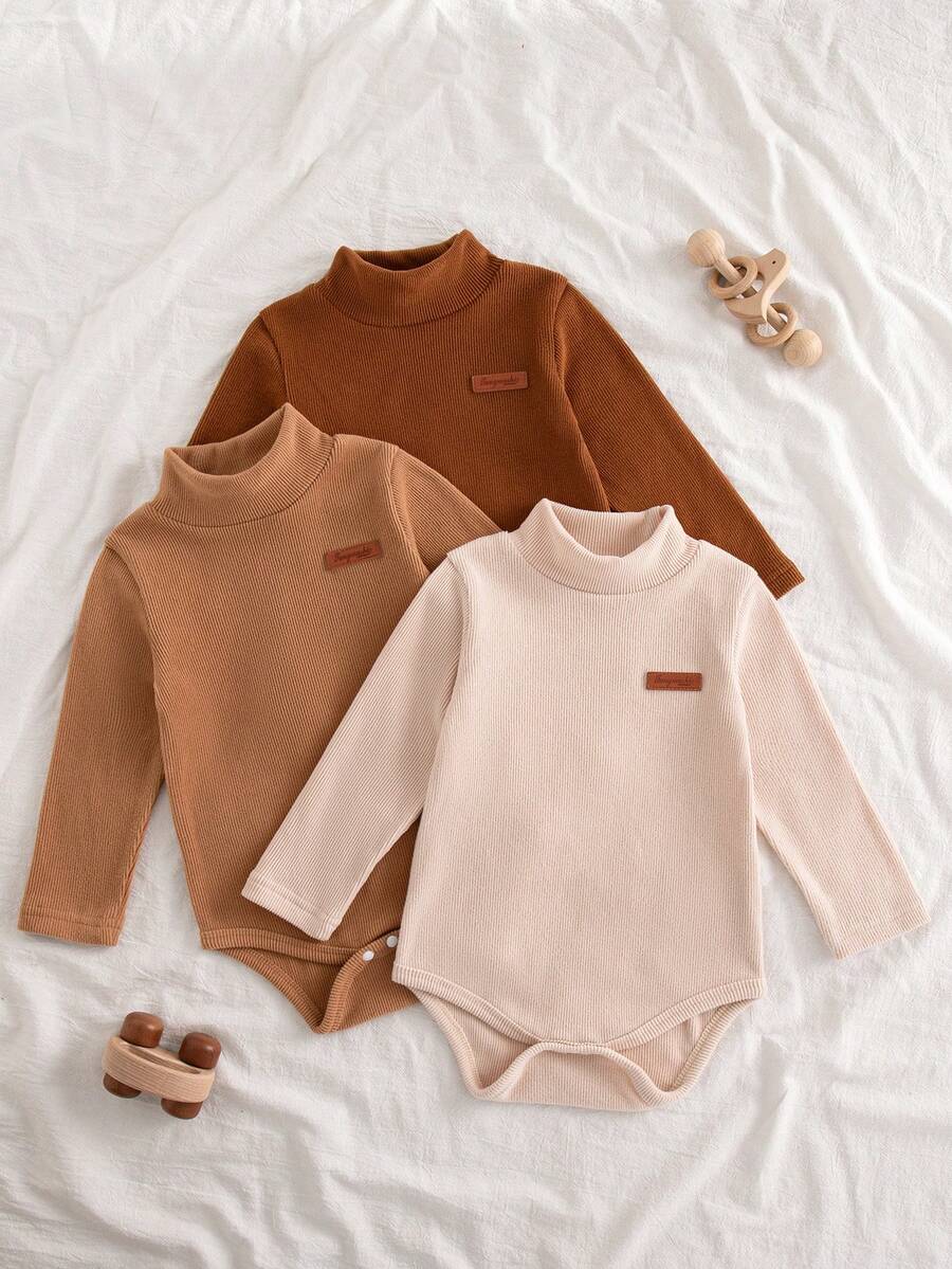 SHEIN 男嬰休閒百搭高領羅紋紋理布料長袖多件式連身衣 秋冬款 - 彩色 - 查看 1