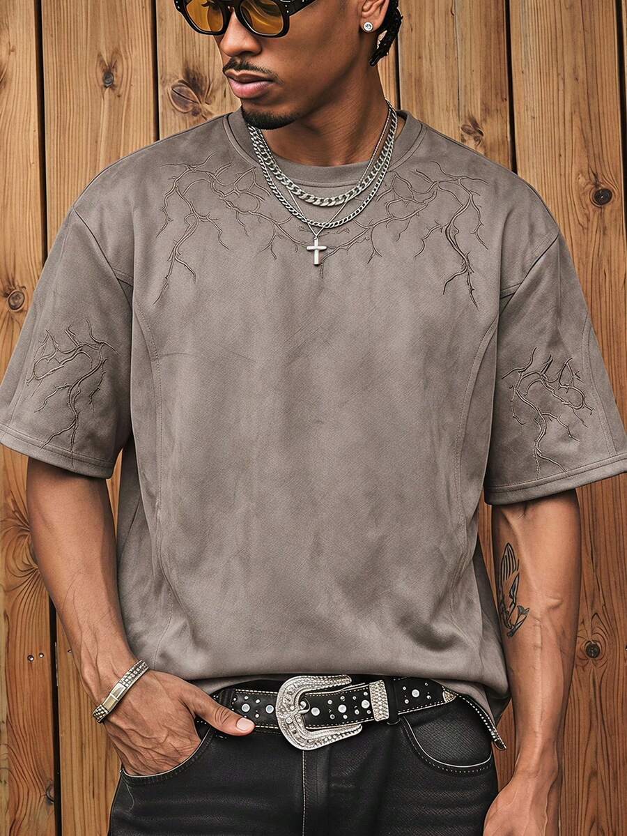 CalleClaro Men's Summer Casual Embroidered Short Sleeve T-Shirt - Grey - View 1