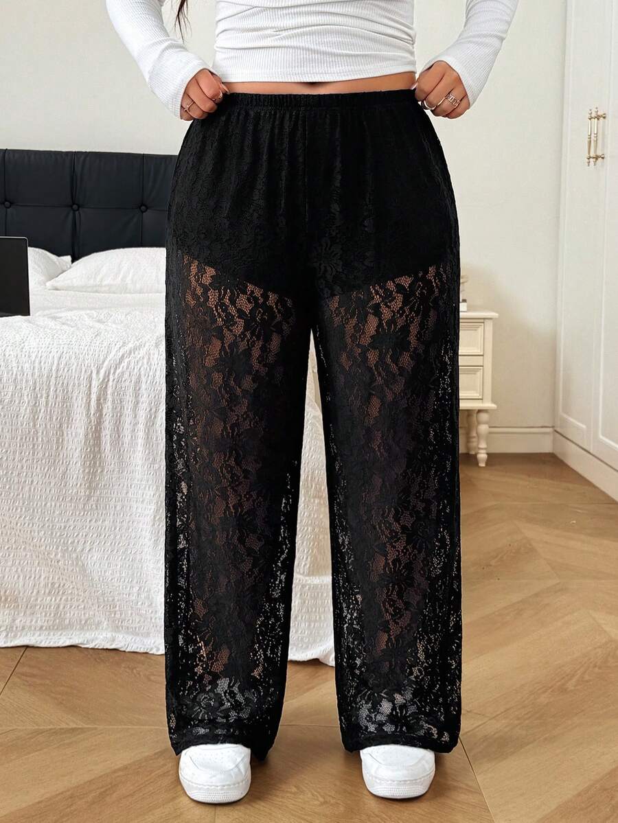 SHEIN EZwear 大尺碼女款彈性腰蕾絲寬腿鬆身長褲萬聖節 - 黑色 - 查看 1