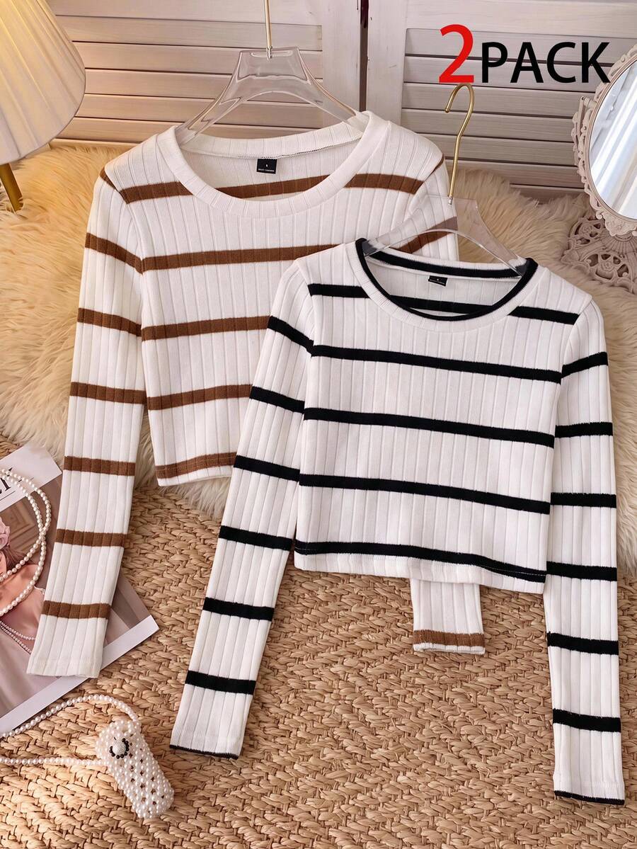 SHEIN EZwear Autumn New 2pcs/Pack Women's Round Neck Long Sleeve Ribbed Knit T-Shirts, Suitable For Autumn/Winter, Back To School Season - Multicolor - View 1