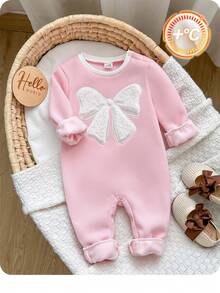 SHEIN Newborn Baby Girl Cute Autumn/Winter Bow Pattern Long Sleeve Thermal Lined Thick Jumpsuit - Baby Pink - View 1