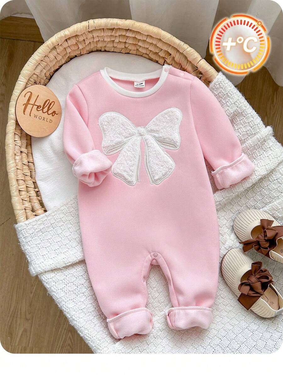 SHEIN Newborn Baby Girl Cute Autumn/Winter Bow Pattern Long Sleeve Thermal Lined Thick Jumpsuit - Baby Pink - View 1