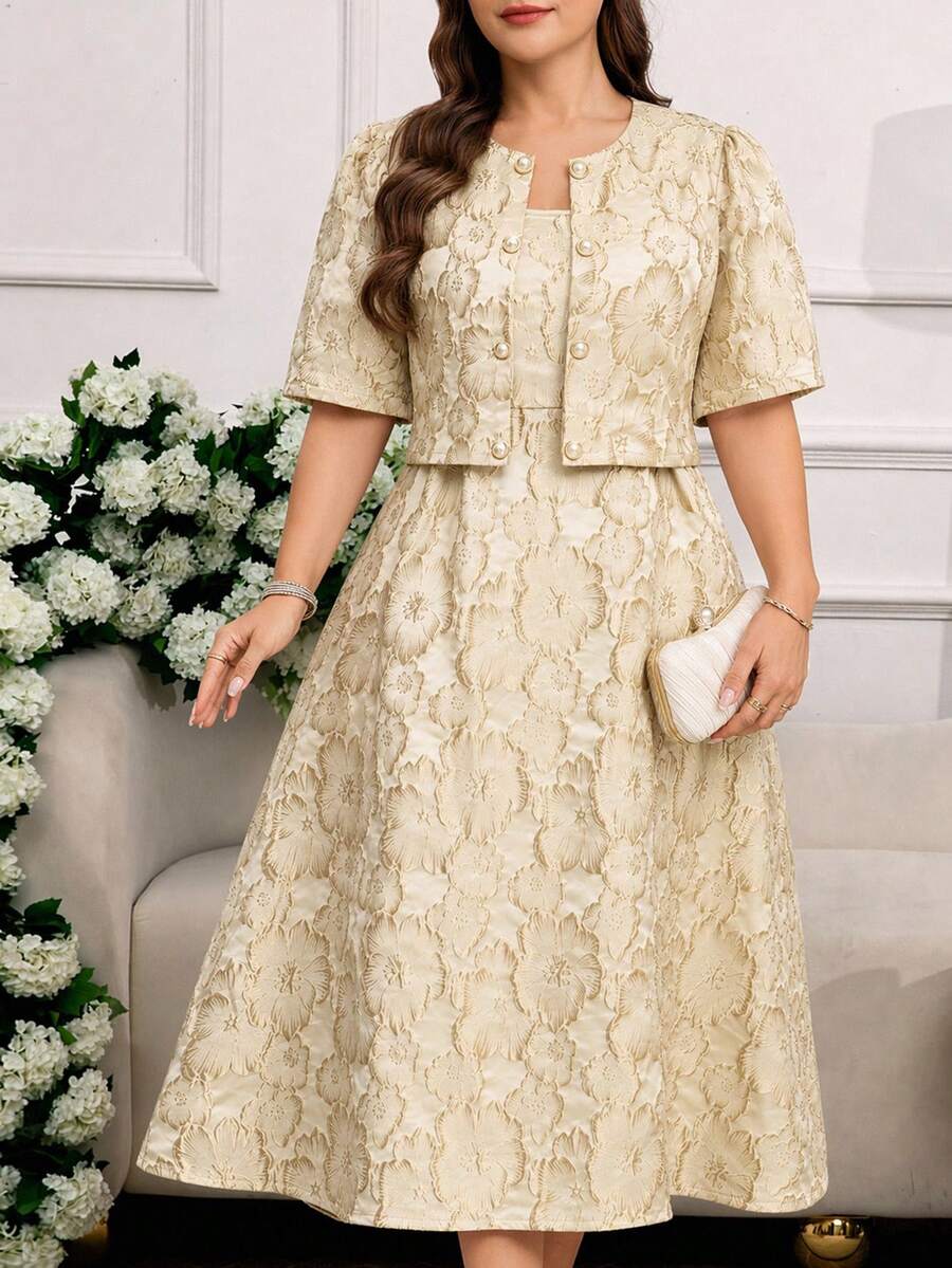Reflora Plus Size Elegant Metallic Texture Pleated Cami Dress And Faux Pearl Button Top 2-Piece Set, Wedding Formal Evening Wedding Champagne Summer