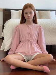 Hapijoa Tween Girls Round Neck Pullover Bow Decor Long Sleeve Autumn Waist-Cinching Blouse - Pink - View 6